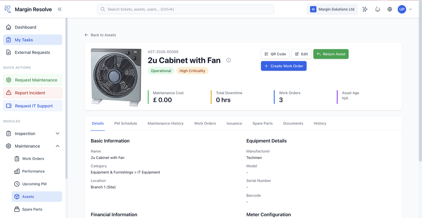The asset record for a walk-in chiller in Margin Resolve, showing its tag, status, criticality, location and tabs for PM schedule, maintenance history, work orders and documents