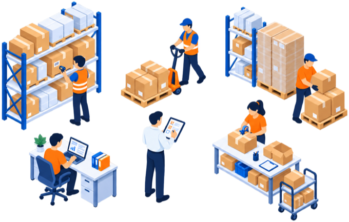 Isometric illustration of a warehouse being inspected: a worker scanning barcodes on racking, another moving a loaded pallet, a supervisor working through a checklist on a tablet, and staff packing and logging stock