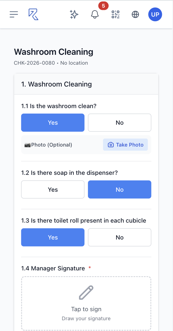 A washroom cleaning checklist open on a phone in Margin Resolve, with Yes and No answers selected, an optional photo on the first question and a required manager signature at the end