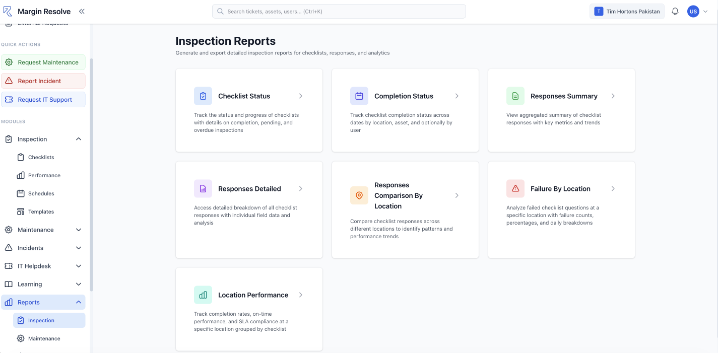 The inspection reports screen in Margin Resolve, offering checklist status, completion status, responses summary, responses compared by location, failure by location and location performance reports