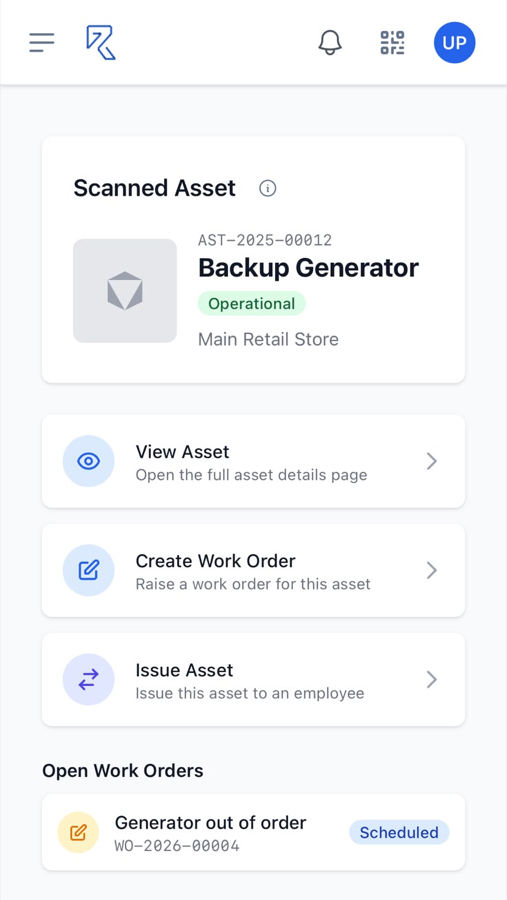 The Margin Resolve mobile app after scanning an asset QR code: the Backup Generator record with its tag, status and site, one-tap actions to view the asset, raise a work order or issue it, and the jobs already open against it